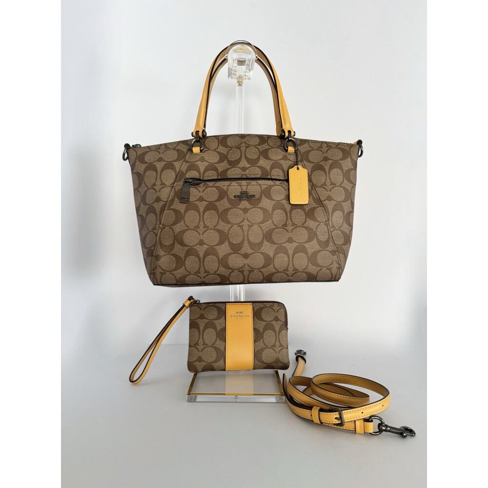 Coach Prairie Satchel 79998 Signature Canvas Khaki Yellow Crossbody + Wristlet
